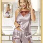 סט גופייה ושורט סאטן עם תחרה בורדו – לילך